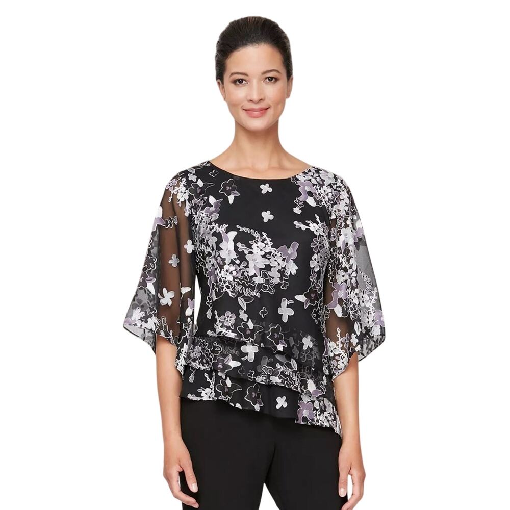 ALEX EVENINGS asymmetrical tiered chiffon illusion floral blouse Size S